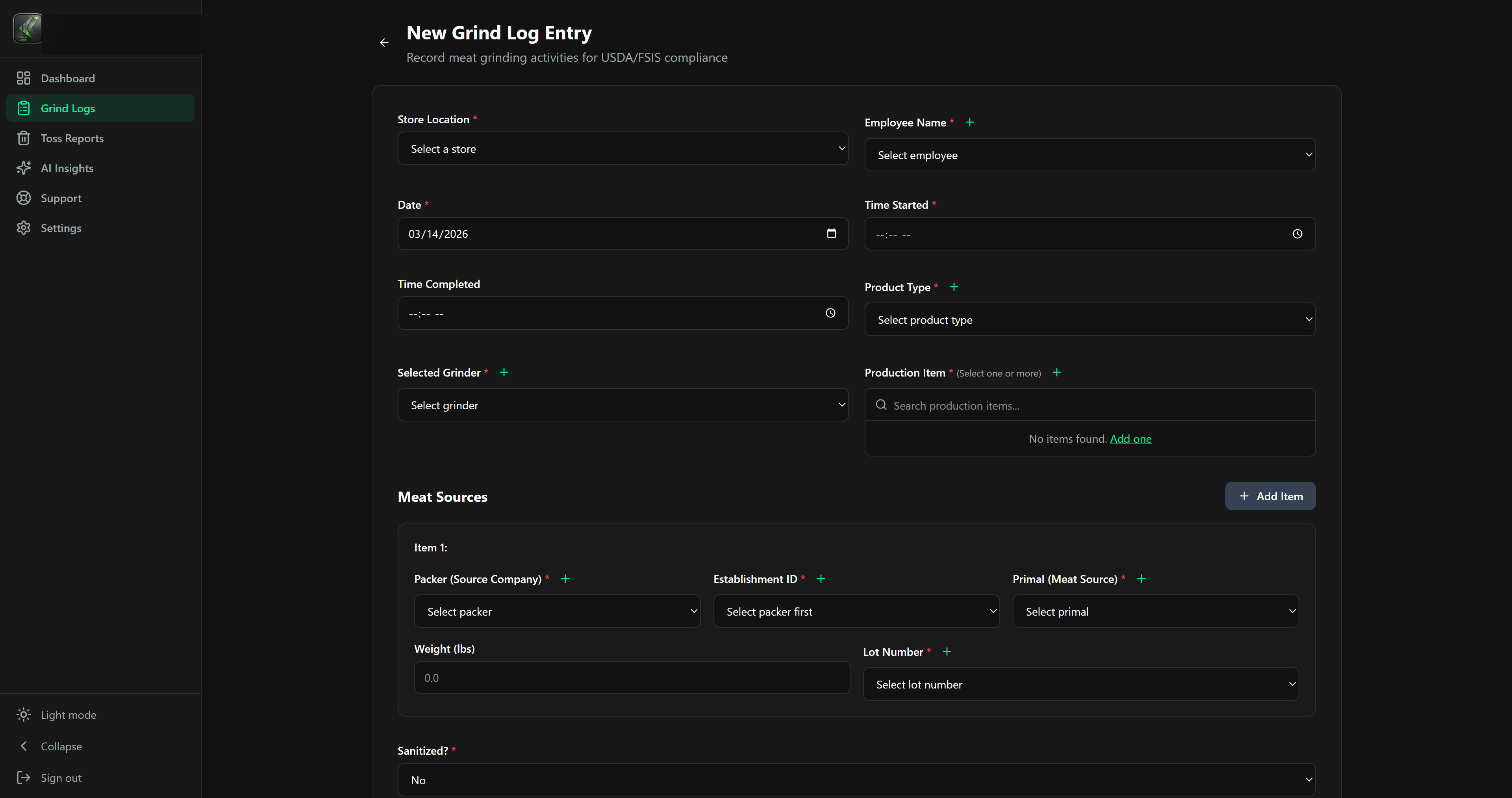 GrindLogic new grind log entry form