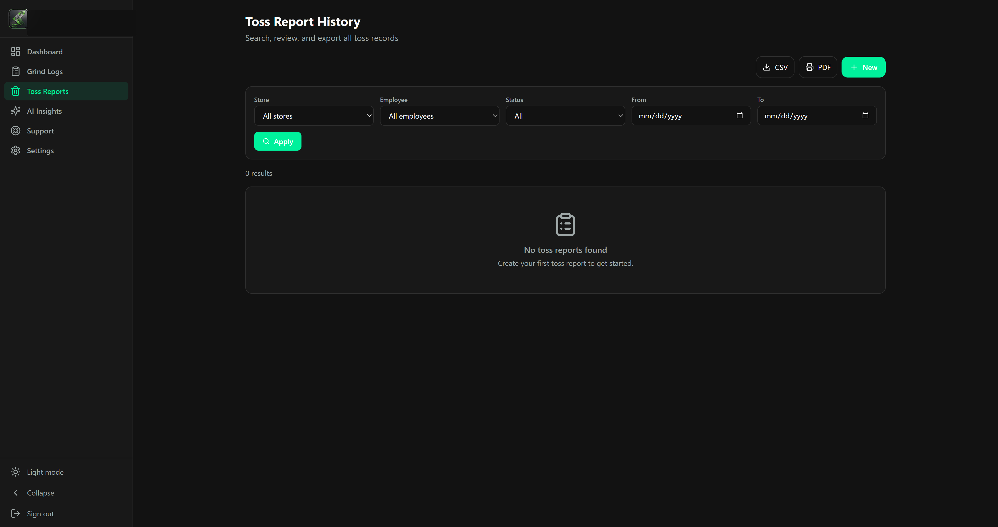 Toss reports screen