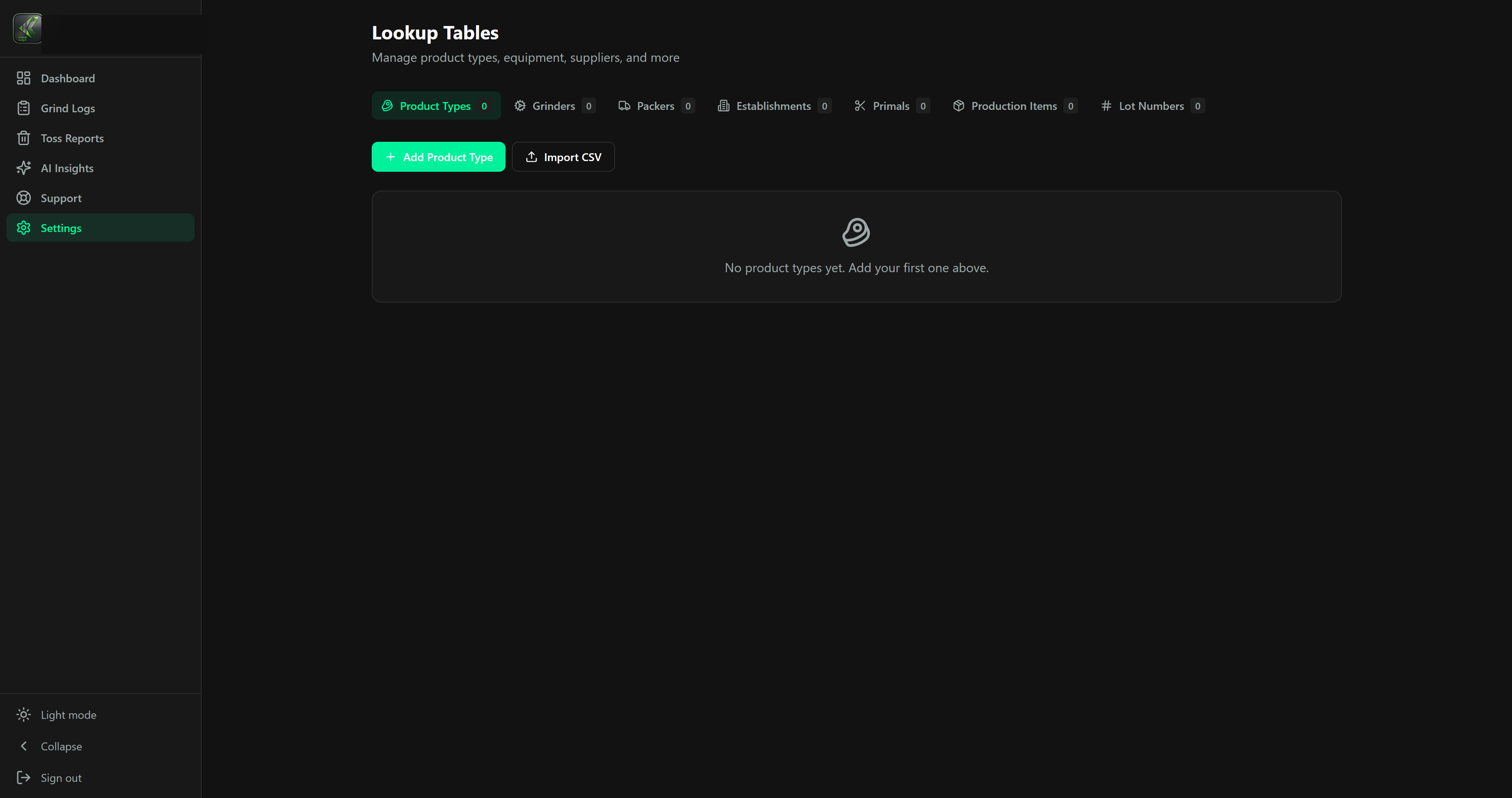 Lookup tables screen