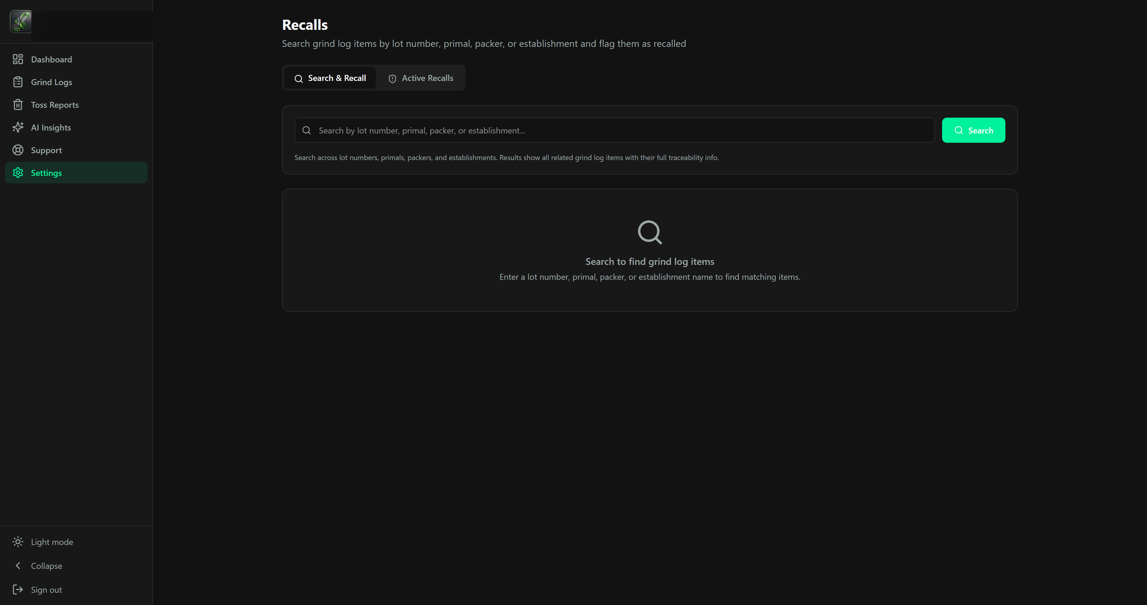 GrindLogic recalls and traceability screen